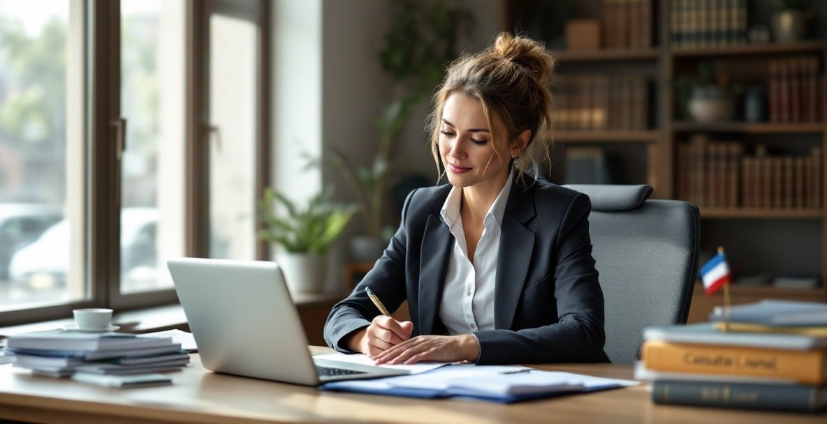 Dutch legal expert filing a cassatie appeal at a modern office desk.