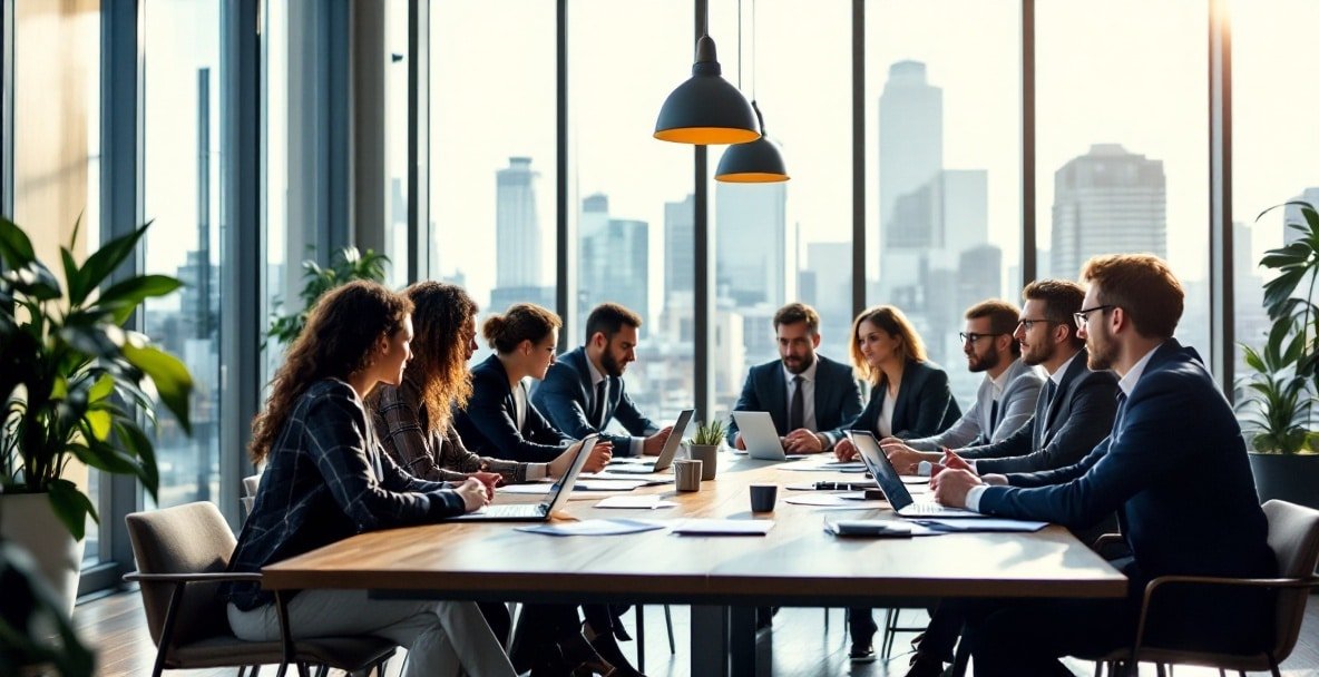 Modern Dutch office with professionals discussing tenancy law at a table.