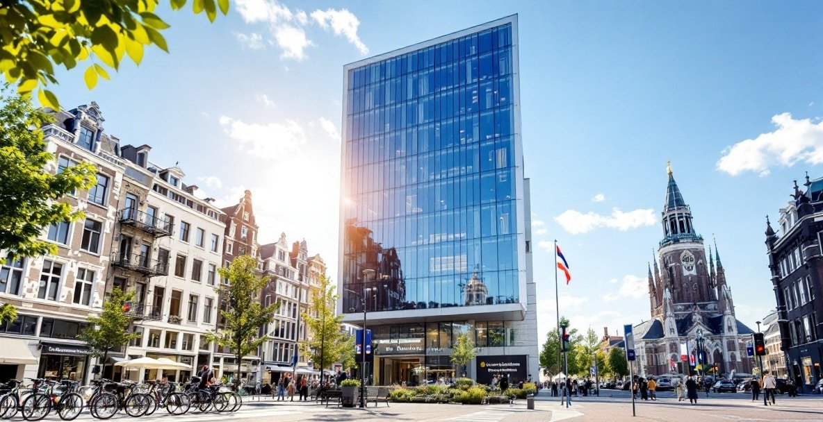 Modern Dutch cityscape with a law office, bicycles, and a clear sky.