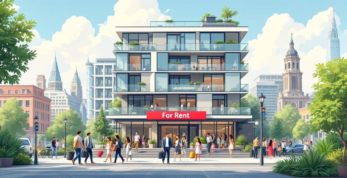 Cityscape with a modern apartment, 'For Rent' sign, diverse people, and greenery on a sunny day.