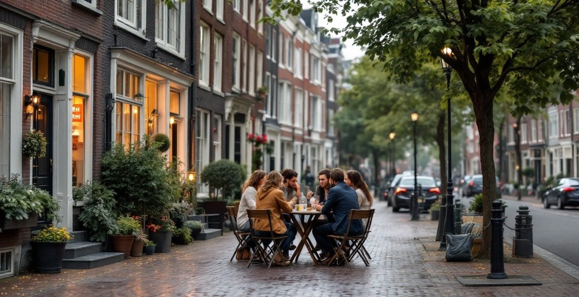 Amsterdam street scene with people discussing at a café, illustrating the impact of short-stay rentals.