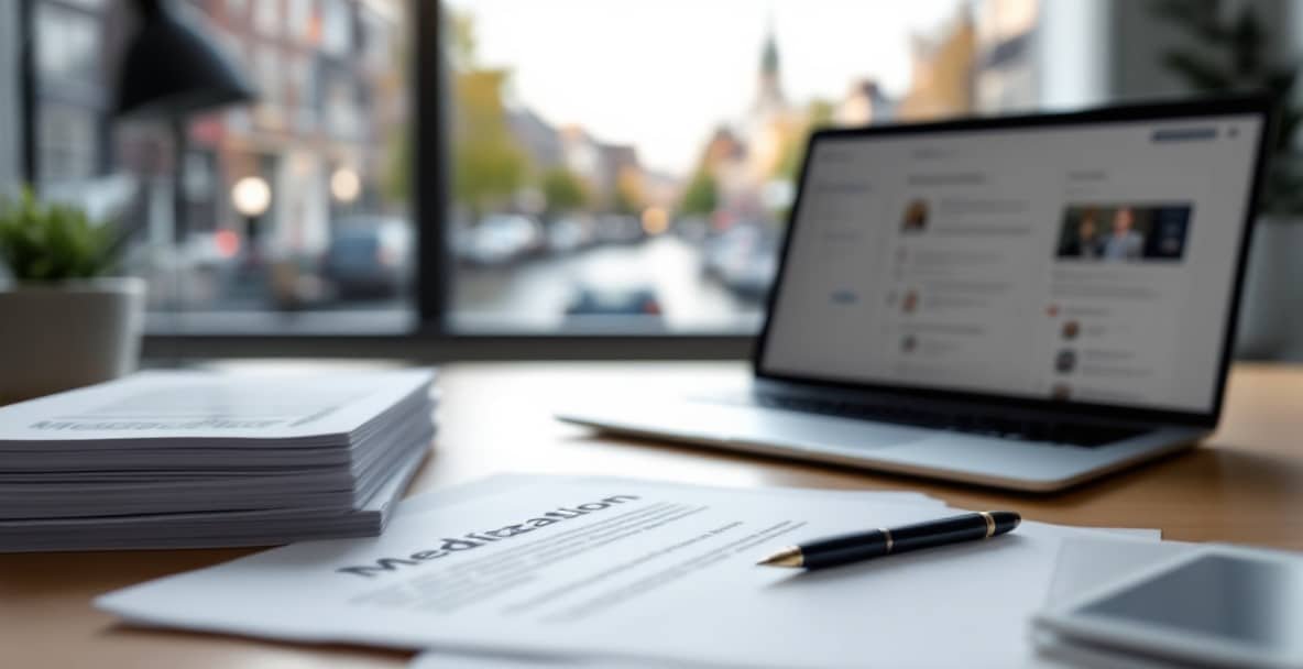Dutch law office with mediation software on laptop, legal documents, and cityscape view.