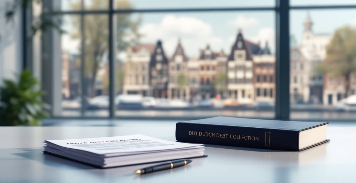 Modern Dutch office with legal documents on debt collection, open law book, and Amsterdam cityscape.