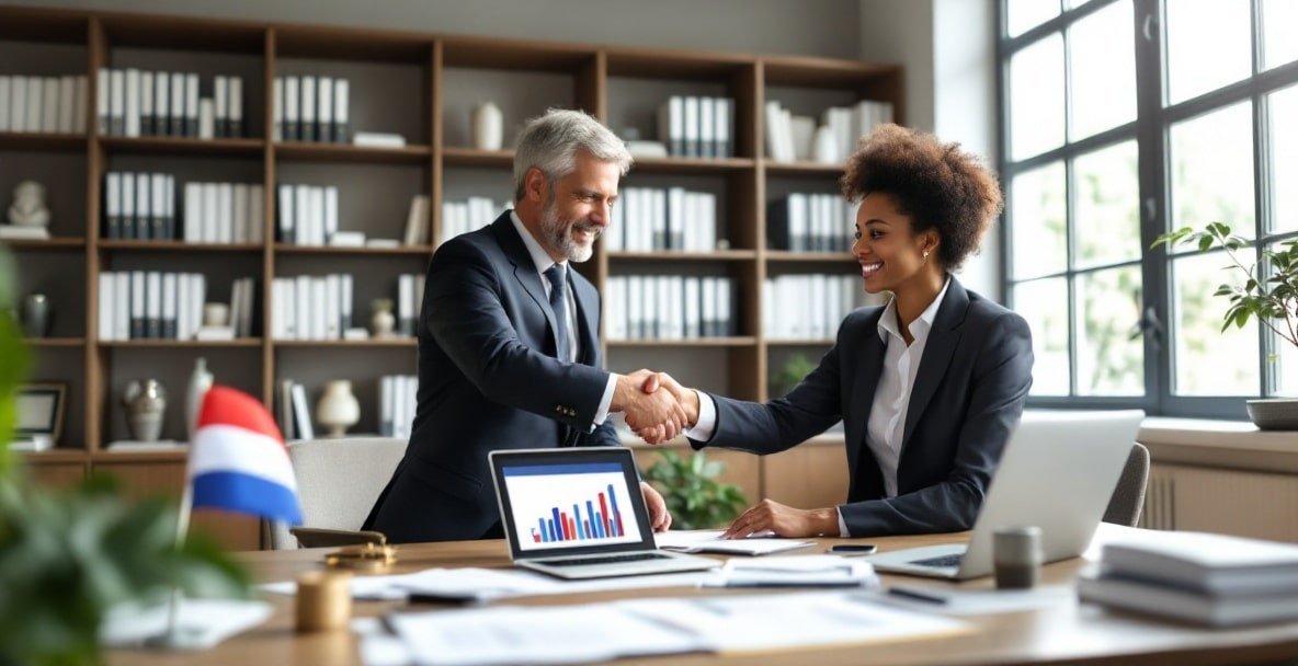 Dutch law firm office with lawyer shaking hands with a client.