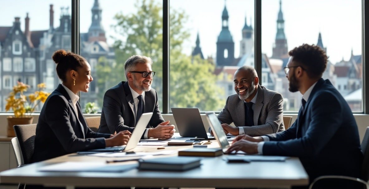 Professionals discuss debt collection around a table with laptops and documents in a Dutch office.