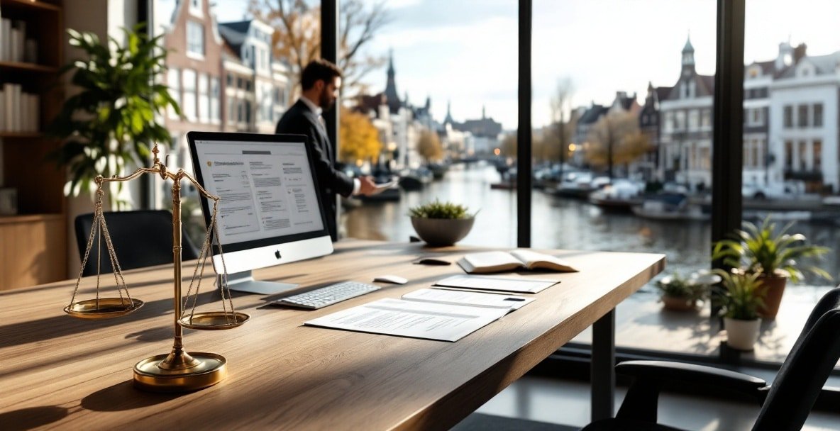 Modern office with desk, computer, scales, book, and cityscape view in the Netherlands.