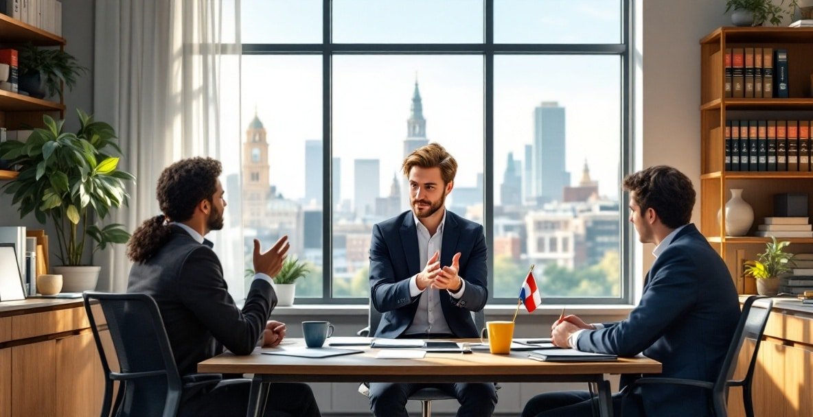 Diverse clients engage with a Dutch legal expert in a modern Amsterdam office.