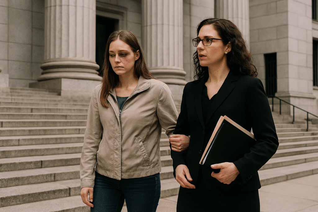 Two women walking outside a courthouse.