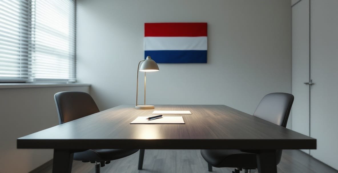Formal police interrogation room in the Netherlands with table, chairs, lamp, and Dutch flag.