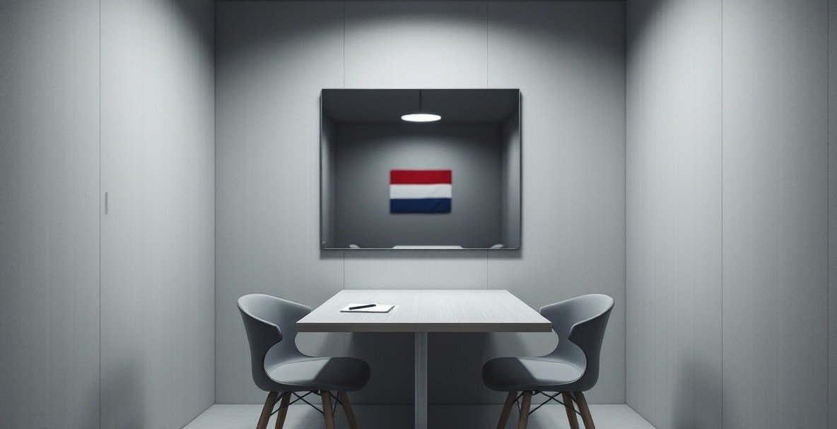 Modern Dutch police interrogation room with table, chairs, and one-way mirror.