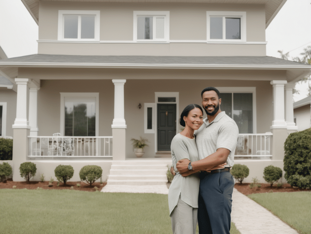 A couple before a house