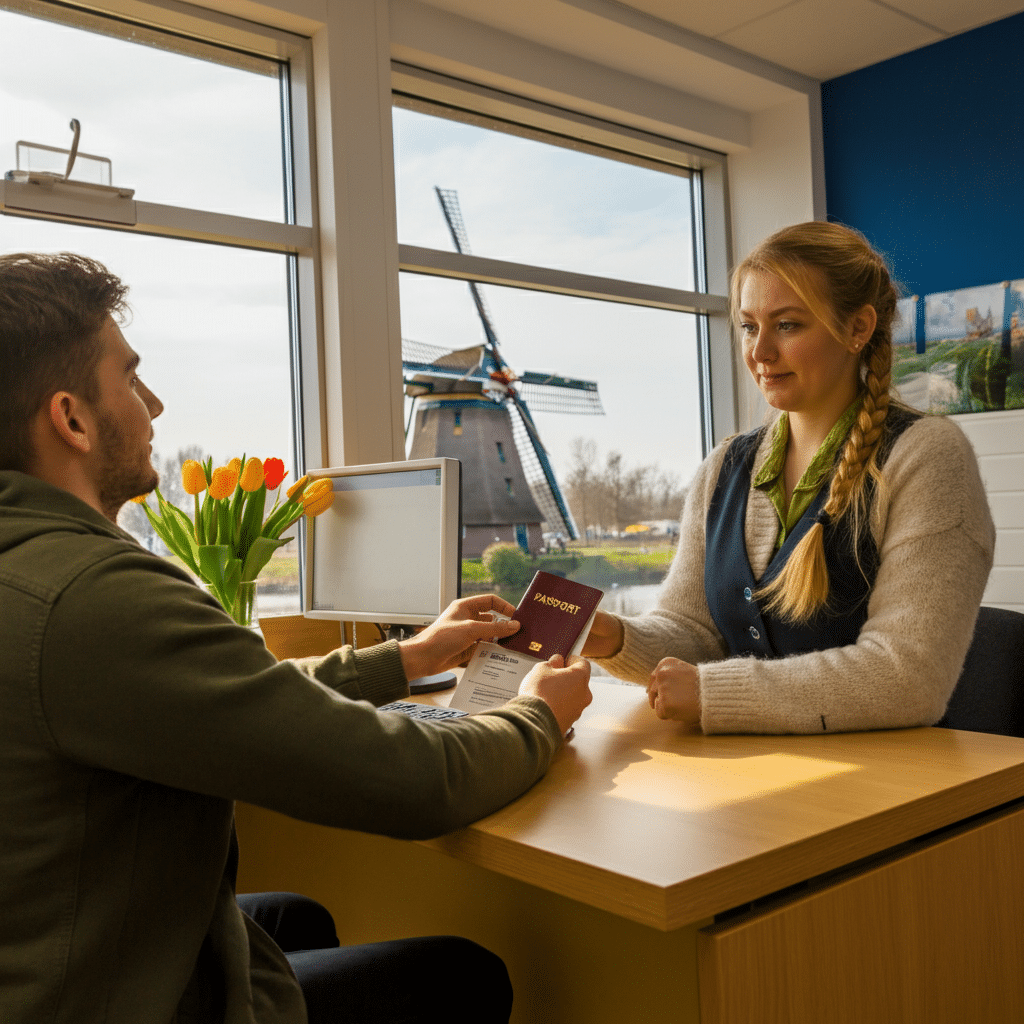 Person submitting passport for visa application.