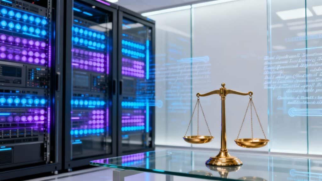 Scales of justice in a server room.