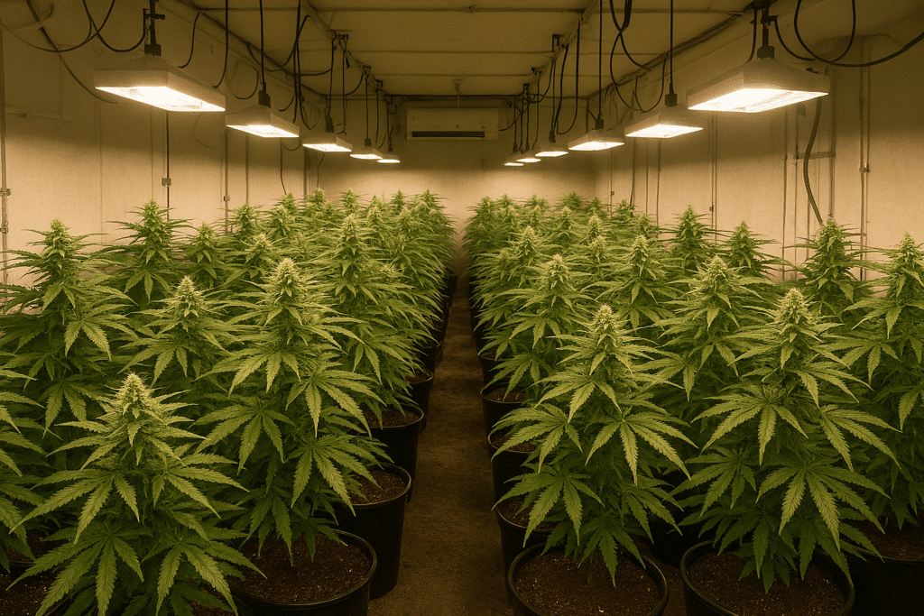 Indoor cannabis plants under grow lights