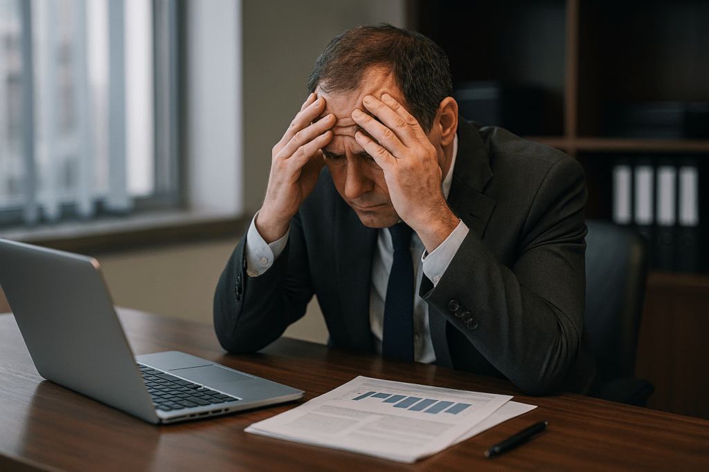 Stressed man at a desk.