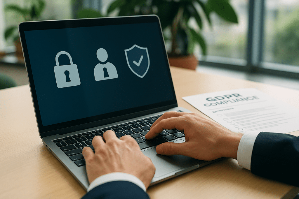 Laptop displaying GDPR compliance symbols
