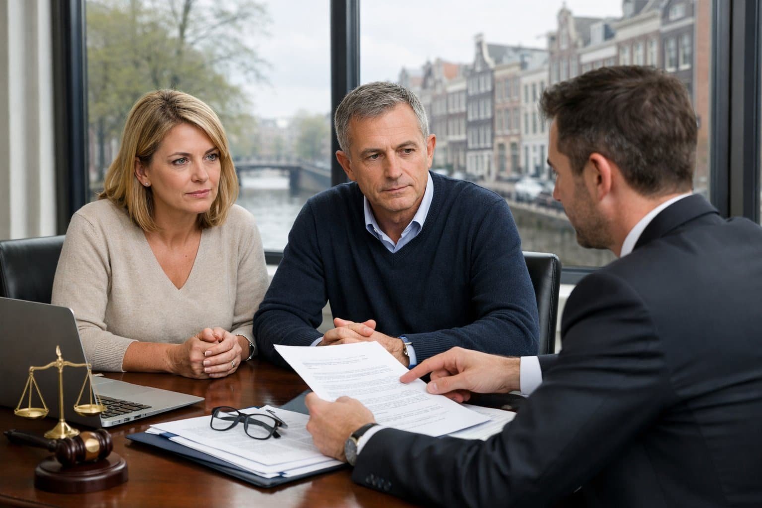 A couple consulting a lawyer in a modern office with a view of Dutch buildings, discussing legal documents.