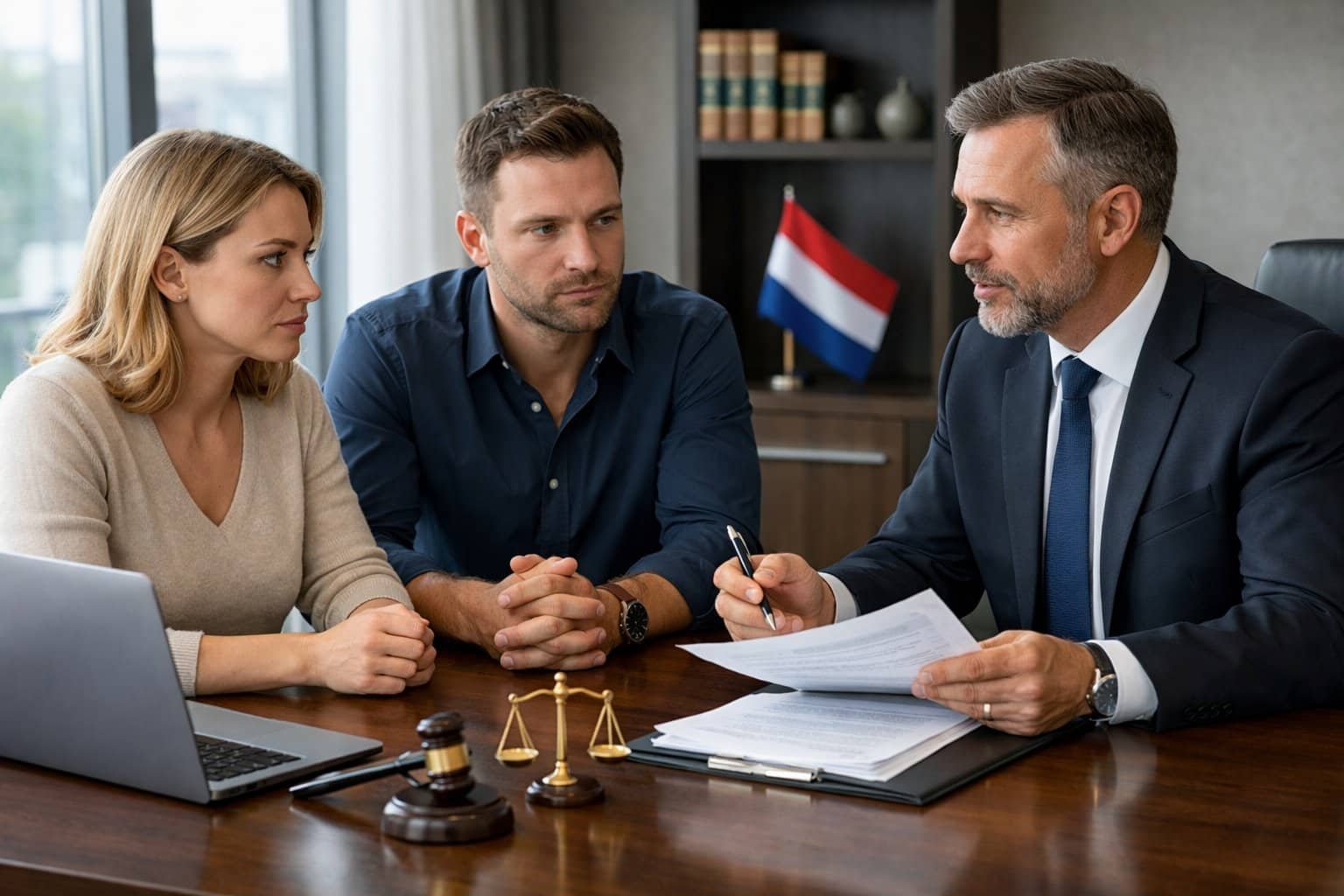 A couple consulting with a lawyer in an office, discussing legal matters related to divorce or separation.