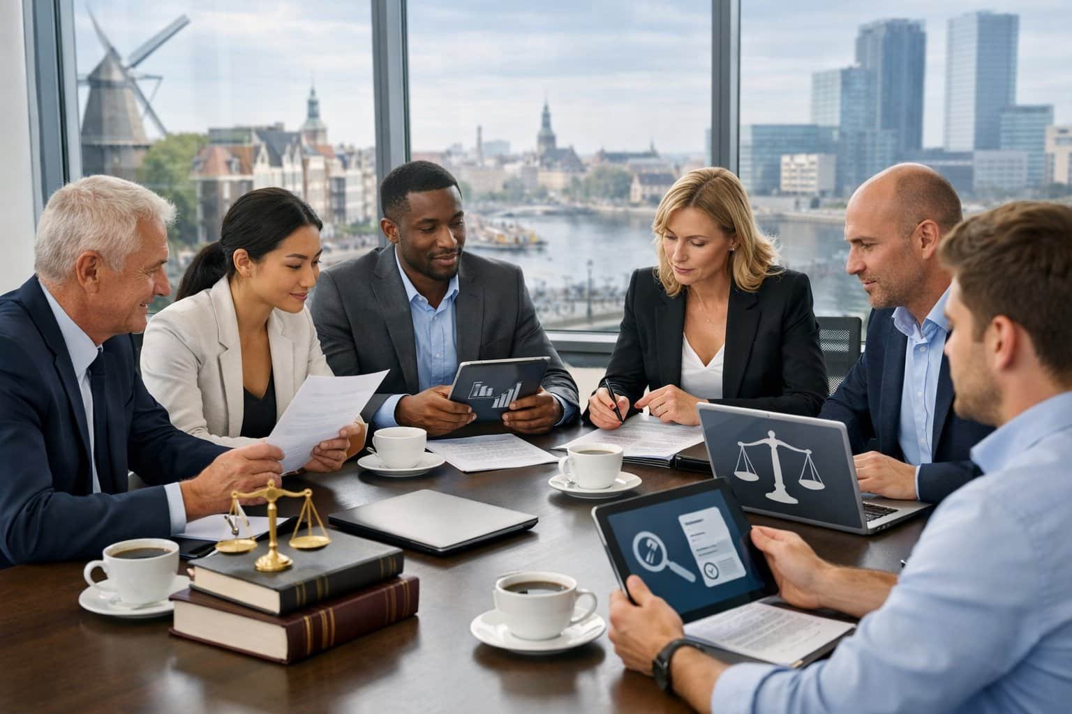A group of business professionals in a meeting room discussing documents and digital devices with a city view in the background.