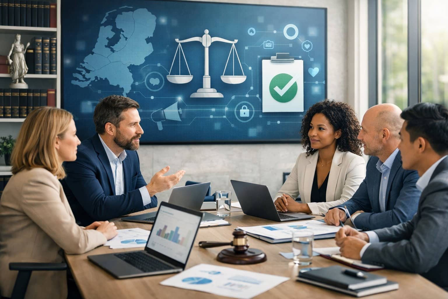 A group of professionals having a meeting in a modern office with laptops and documents, discussing marketing and legal compliance.