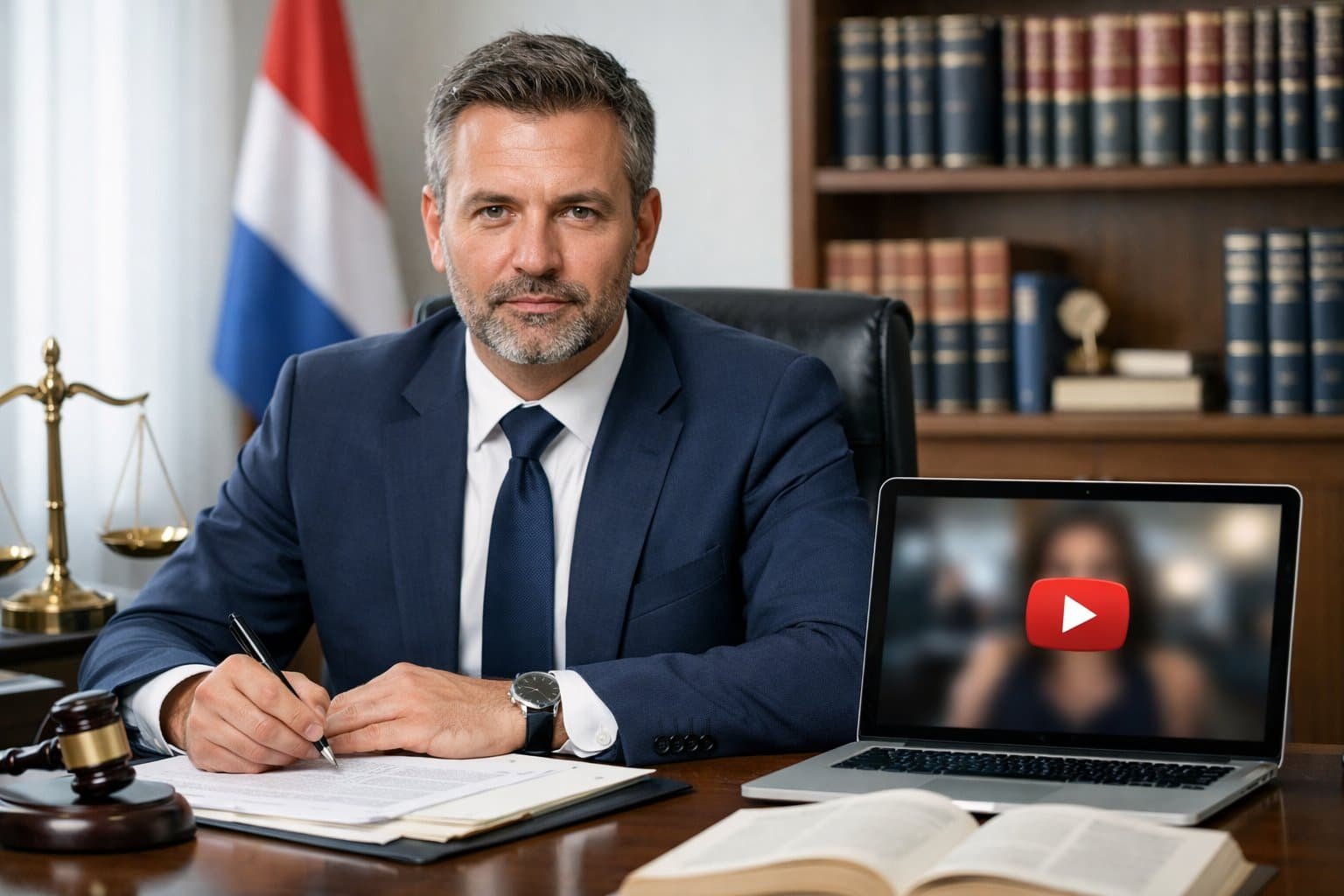 Deepfakes and Dutch Criminal Law: What Does the Law Say About Fake Videos? 1 A lawyer in a modern office with legal documents and a laptop showing a blurred video, with Dutch flag and law books in the background.