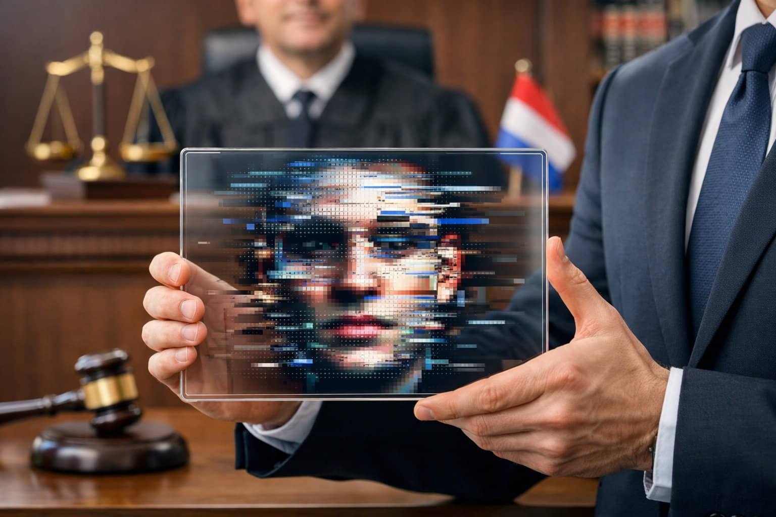 Deepfakes and Dutch Criminal Law: What Does the Law Say About Fake Videos? 2 A person in formal attire holding a digital tablet showing a distorted human face with pixelated effects in a courtroom setting with legal books and a judge's bench.