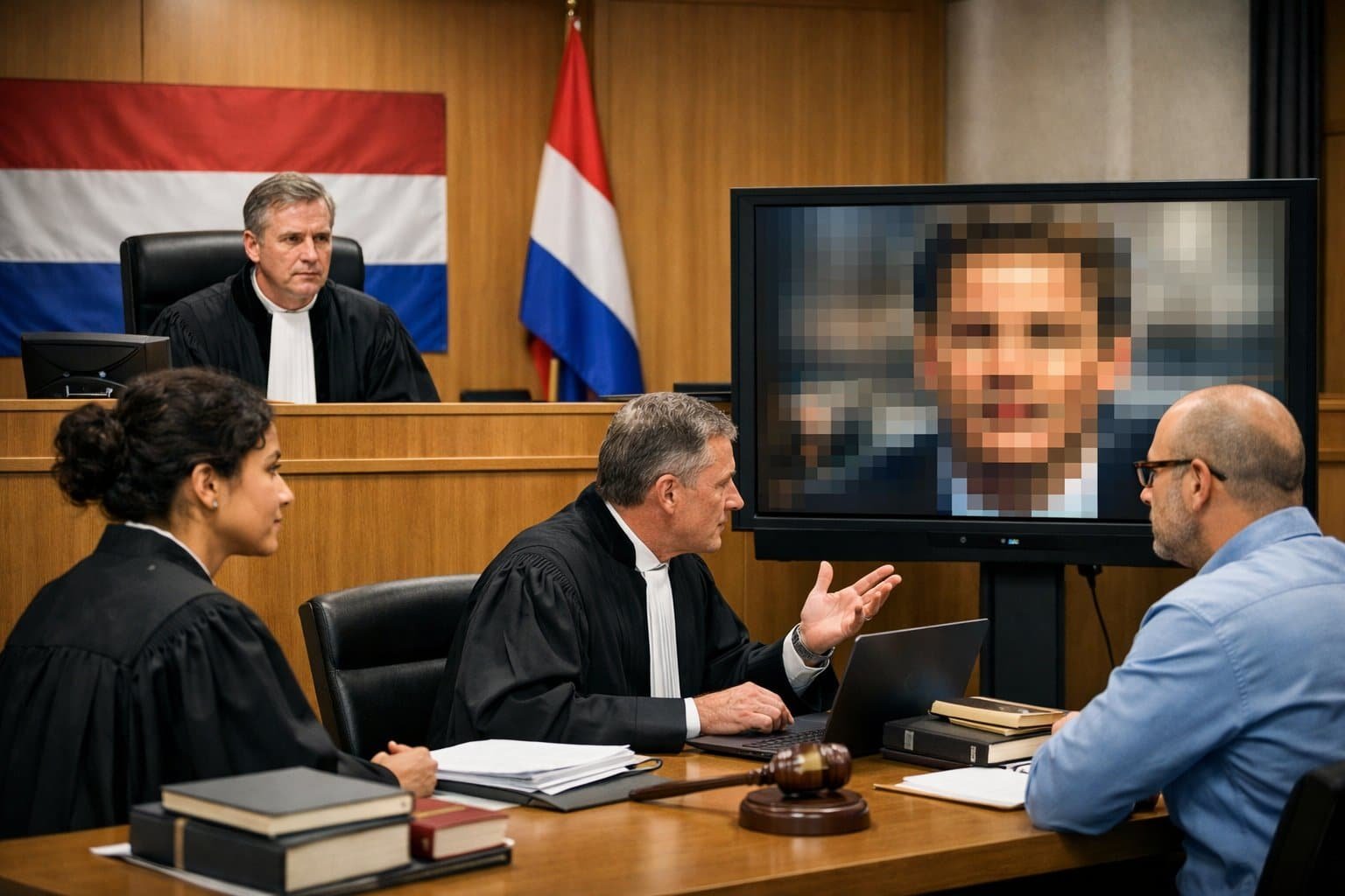 Deepfakes and Dutch Criminal Law: What Does the Law Say About Fake Videos? 3 A courtroom in the Netherlands with legal professionals discussing a blurred video on a screen, representing deepfake videos in a legal setting.