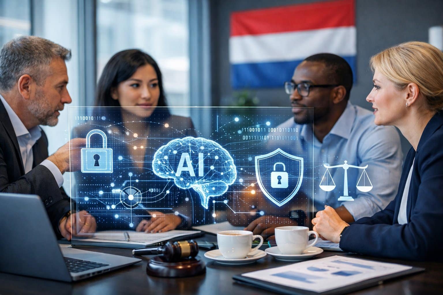 A group of professionals discussing AI and data protection around a digital screen with data visuals and a Dutch flag in the background.