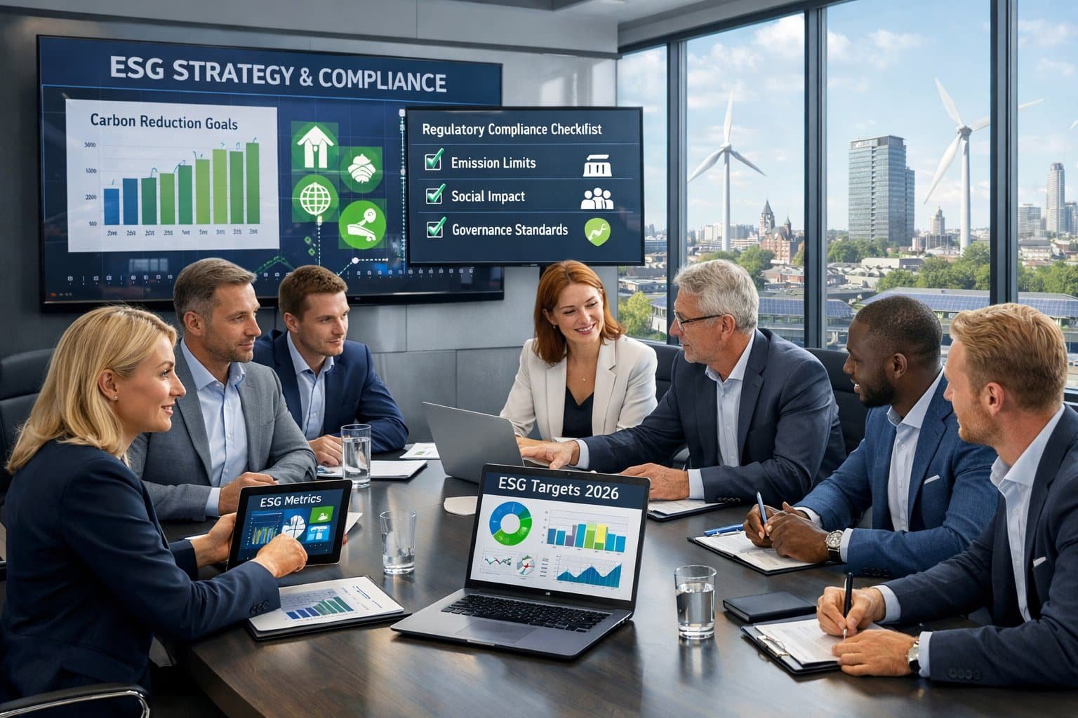 A group of Dutch businesspeople meeting in a modern office, discussing ESG-related data with digital screens and city views featuring wind turbines and solar panels.
