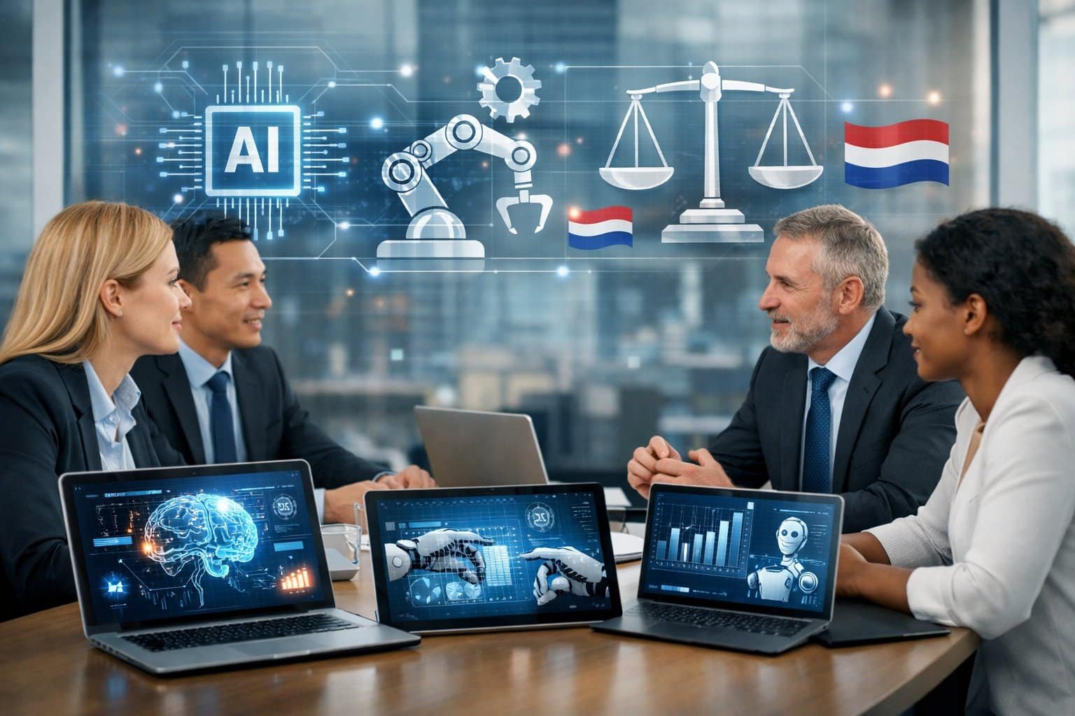 A group of professionals in a modern office discussing with laptops and digital screens showing AI and legal symbols, with Dutch flags in the background.