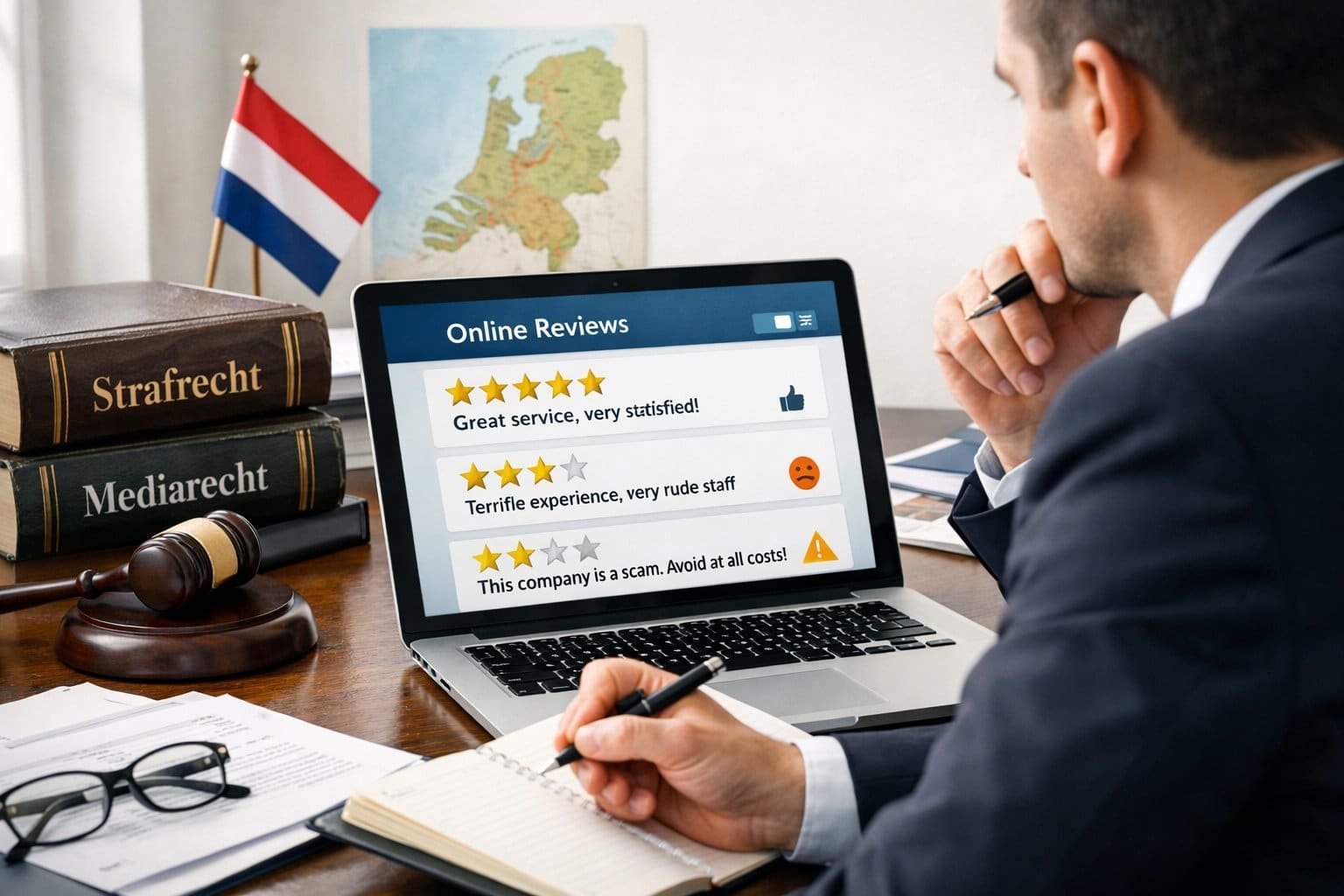 Person in business attire reviewing online reviews on a laptop with legal books and a map of the Netherlands in the background.