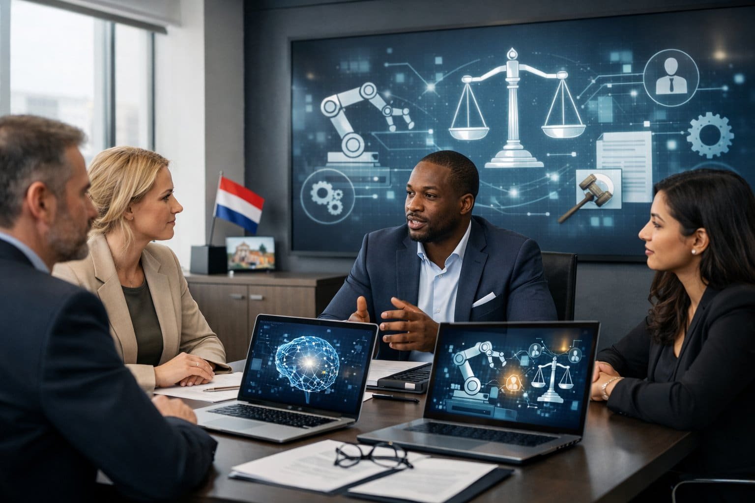 A group of professionals in a modern office discussing AI and automation with laptops and digital screens showing AI and legal symbols.