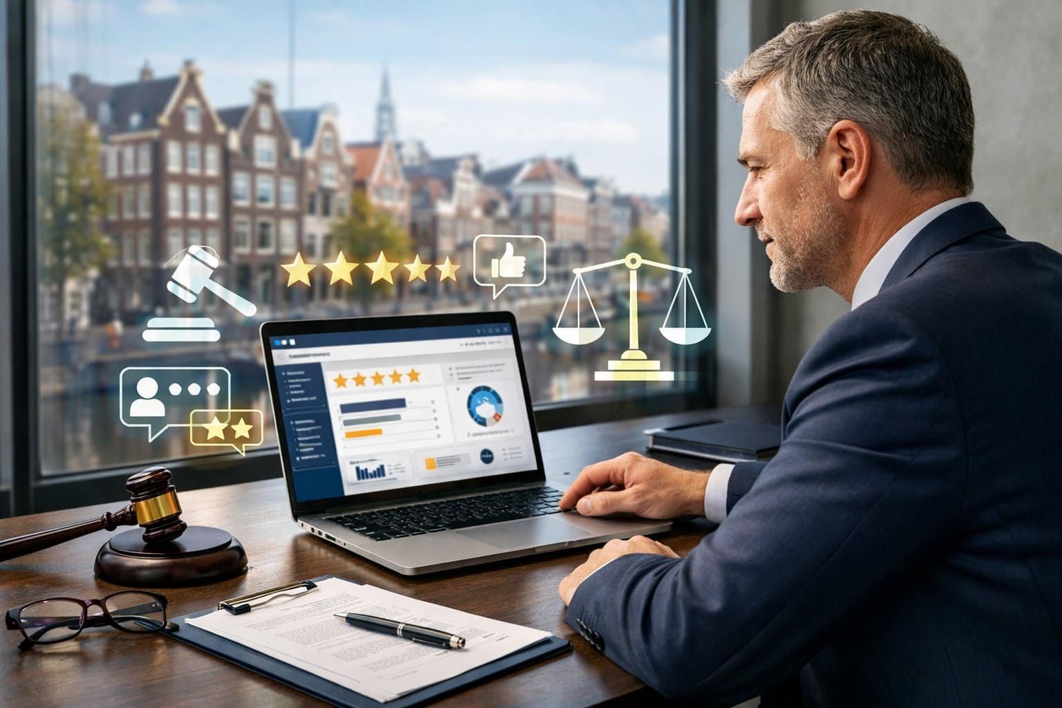 A business professional working at a desk with a laptop and legal documents, with a cityscape of Dutch buildings visible through a window behind them.