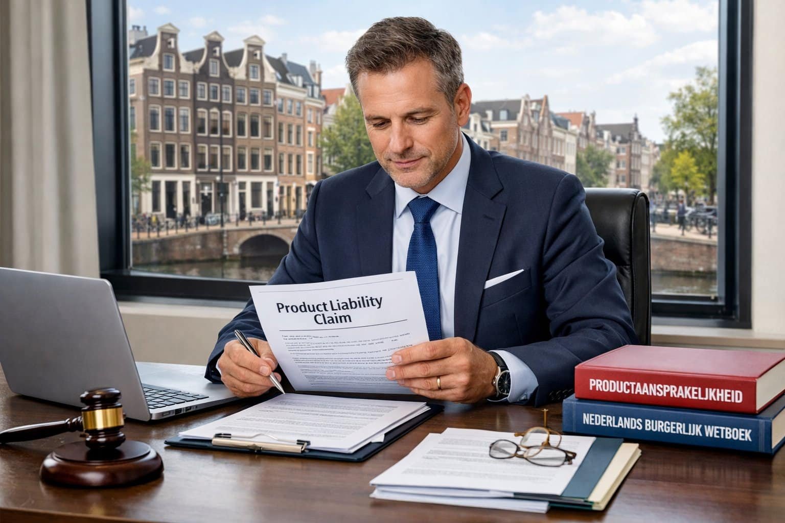 A lawyer in a modern office reviewing documents with a view of Dutch city buildings through the window.