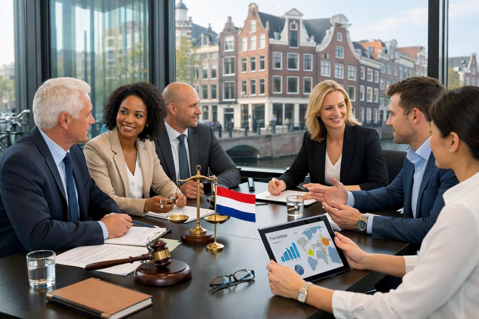 Business professionals in a modern office meeting about franchising with legal documents and laptops, with a view of a Dutch city outside the window.