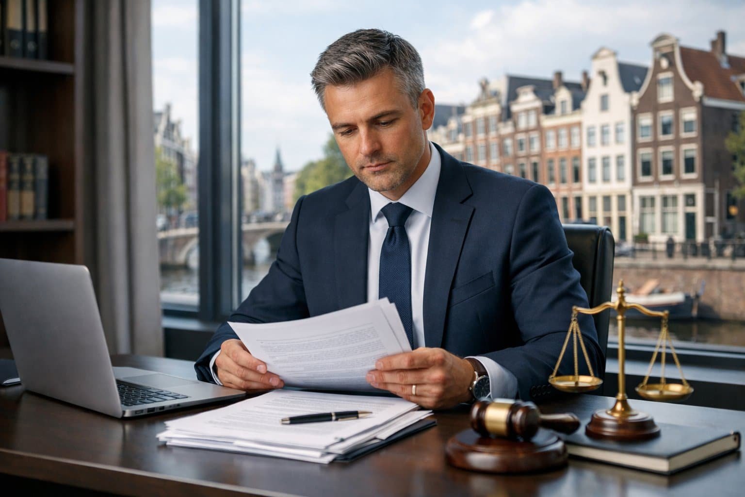 A business professional in a modern office reviewing legal documents with a cityscape featuring Dutch architecture visible through a window.