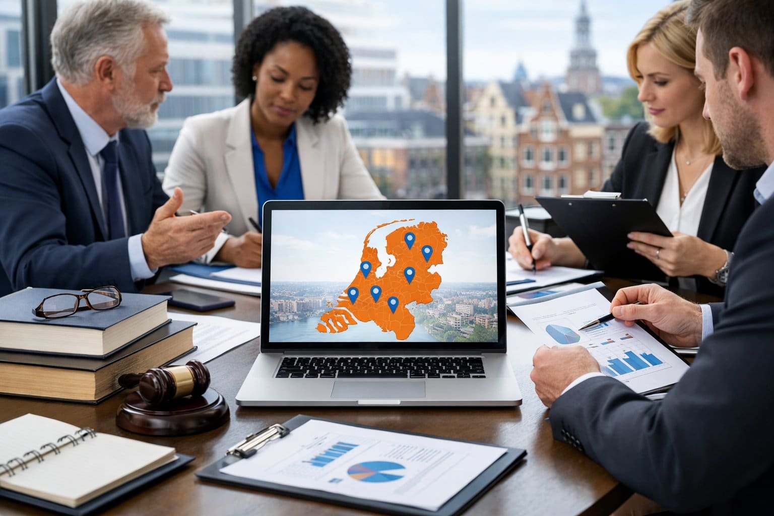 A group of business professionals in an office meeting, reviewing documents and a laptop showing a map of the Netherlands.