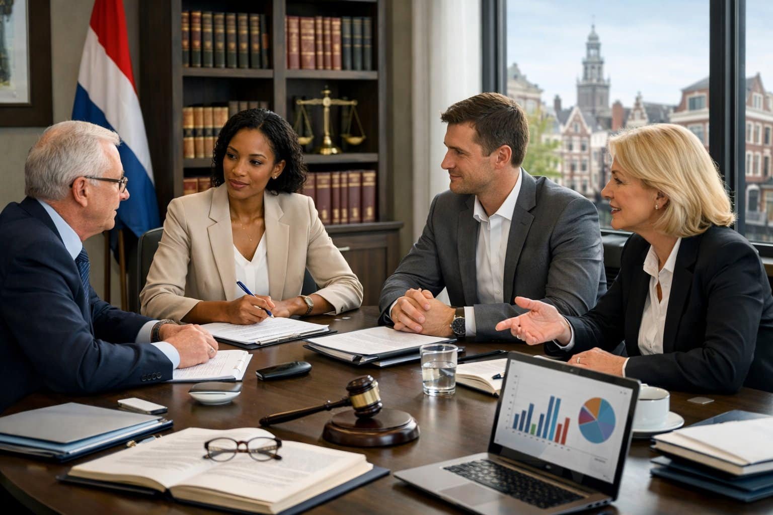 A group of business professionals in a modern office reviewing legal documents and laptops during a meeting, with a city view featuring Dutch architecture in the background.