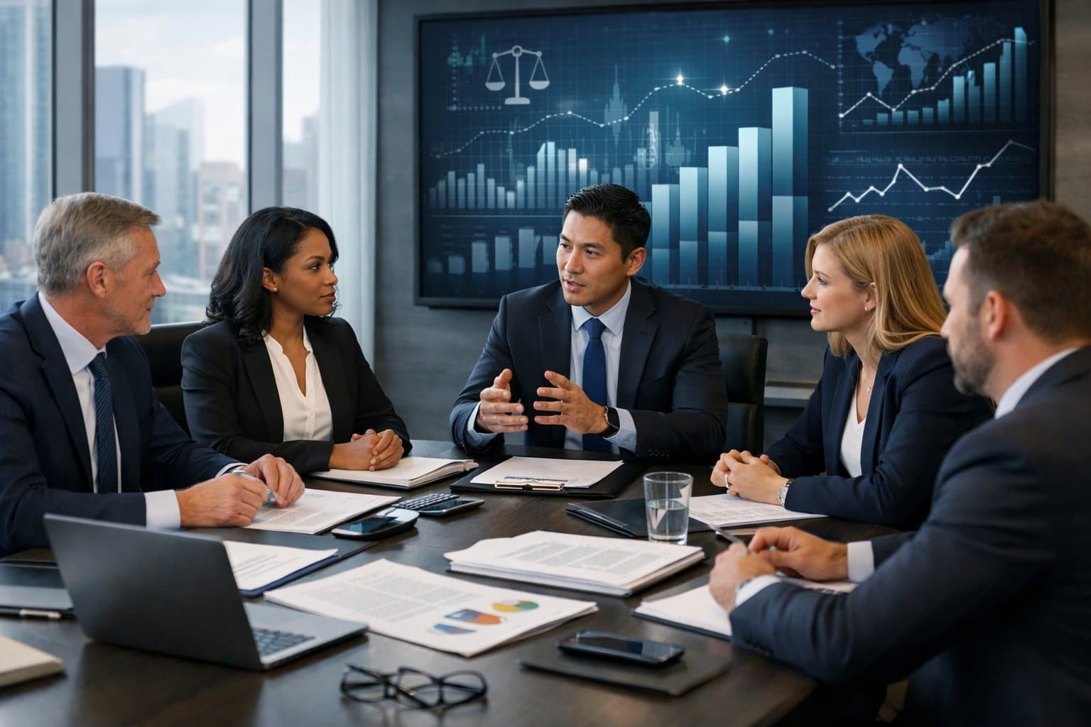 Business professionals in a modern office discussing documents and data around a conference table during a meeting.