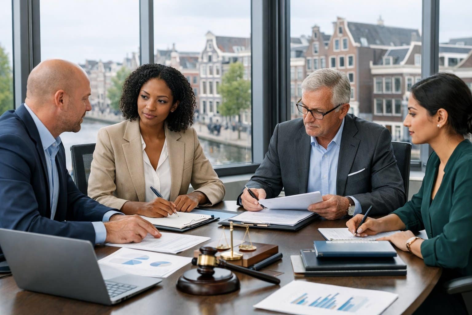 A group of professionals in an office meeting room discussing documents with a cityscape of Dutch buildings visible through large windows.