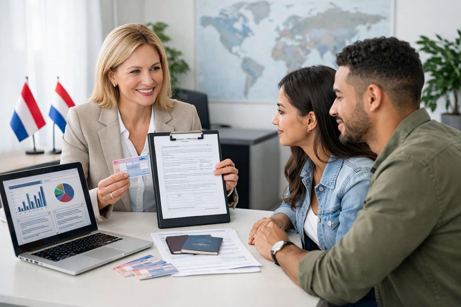 Dutch Residence Permits Explained: Temporary, Permanent, and EU Long-Term Status 1 A group of people in an office discussing documents about residence permits, with a consultant explaining to a couple, and a Dutch flag visible in the background.