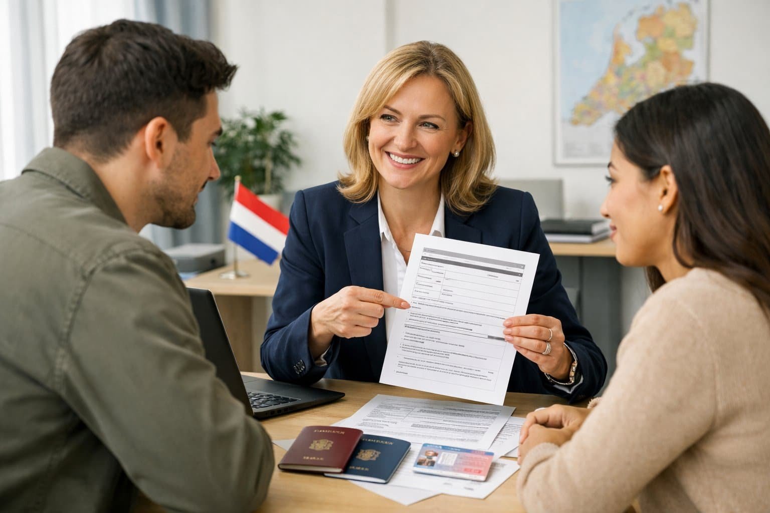 Dutch Residence Permits Explained: Temporary, Permanent, and EU Long-Term Status 2 People in an office discussing documents related to Dutch residence permits, with a professional advisor explaining paperwork to clients.