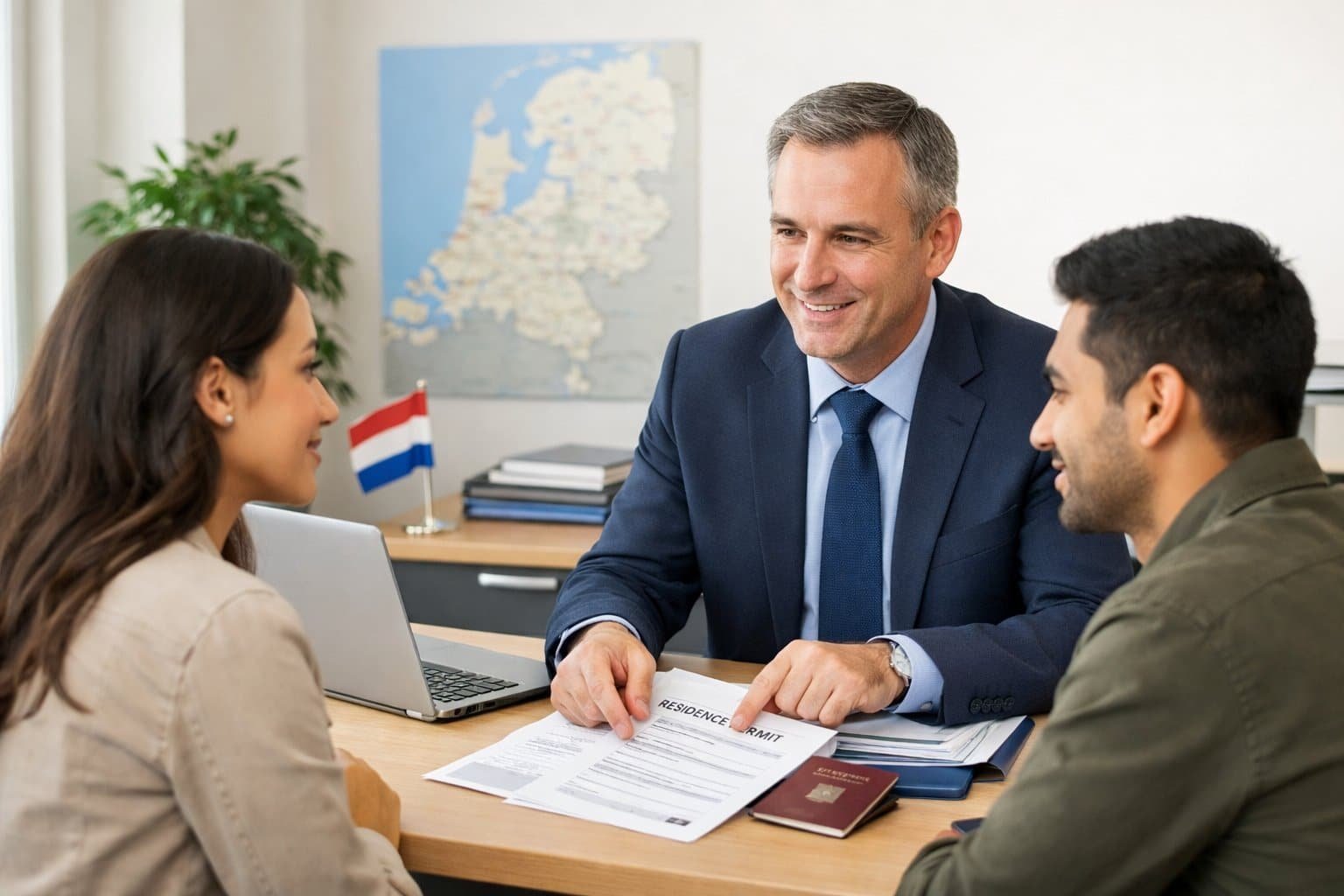 Dutch Residence Permits Explained: Temporary, Permanent, and EU Long-Term Status 3 People discussing residence permits with an advisor in a modern office setting with Dutch elements visible.