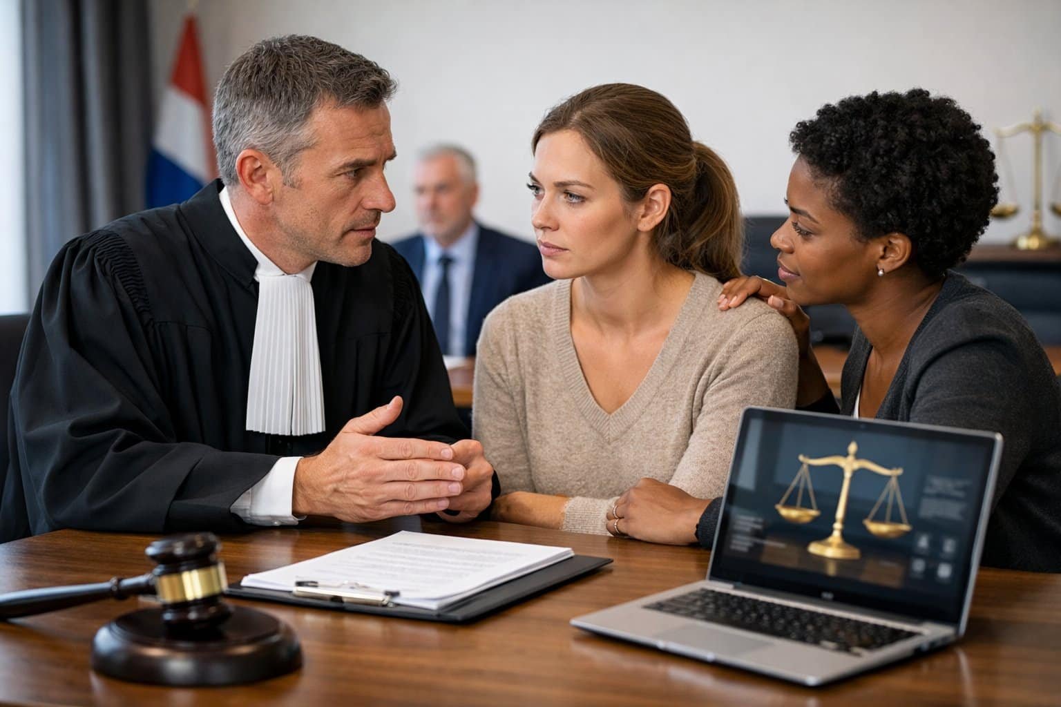 A lawyer consulting with a victim in a modern legal office with legal documents and a gavel on the table, with Dutch symbols in the background.