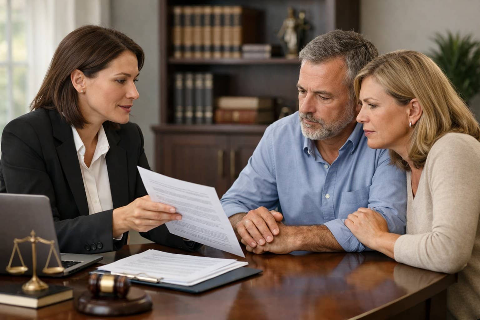 A lawyer discussing legal documents with a man and woman in a modern office, showing a serious and supportive consultation.