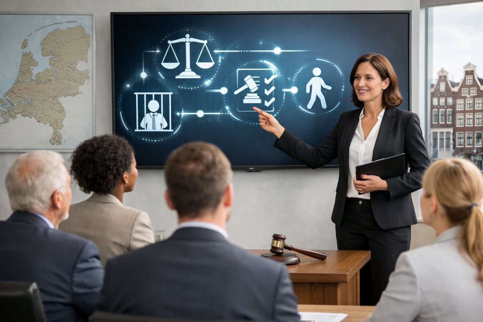 A group of professionals in a modern meeting room discussing legal concepts with a presenter pointing at a digital screen showing abstract legal symbols, with Dutch cultural elements in the background.