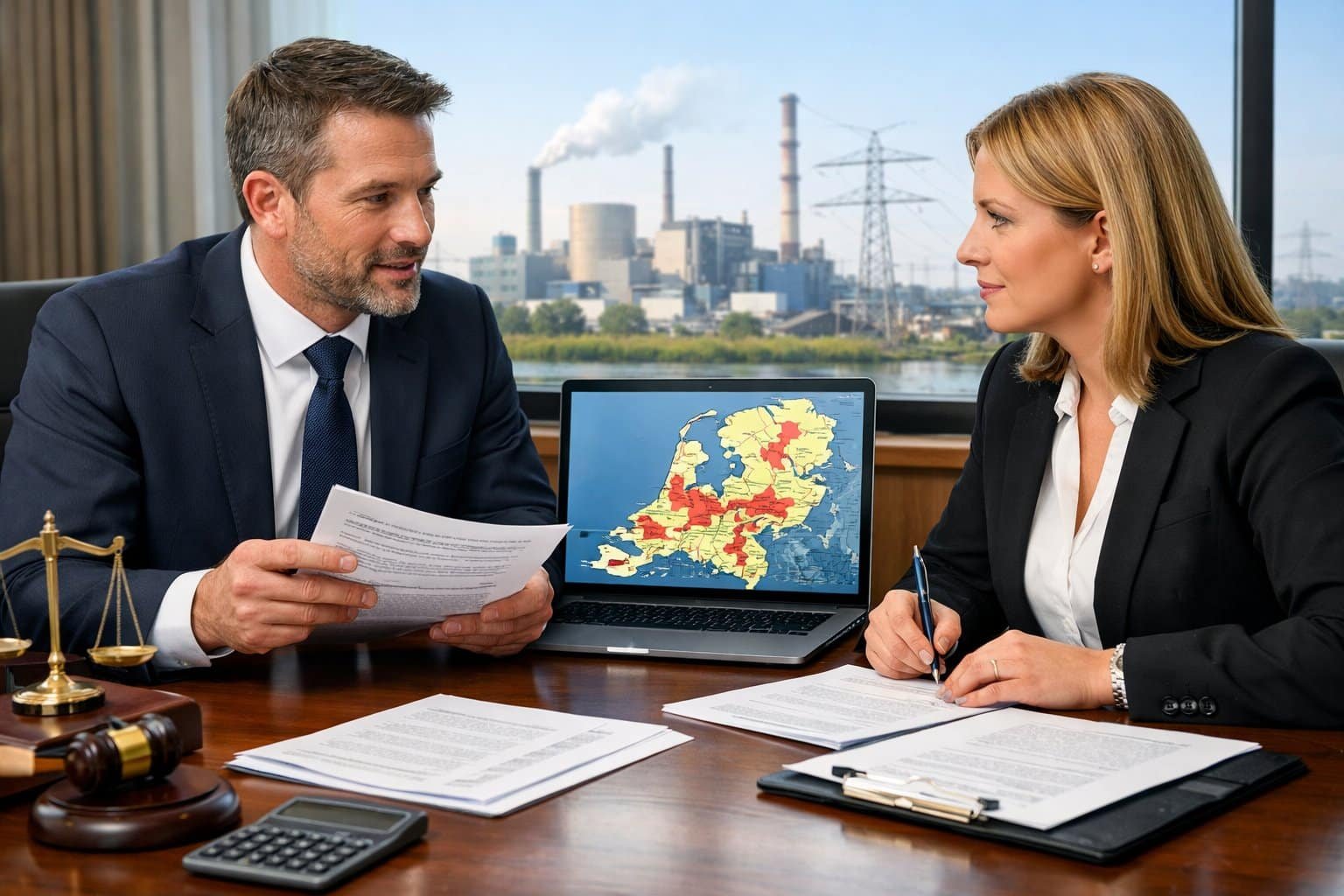 Two lawyers discussing documents in an office with a view of industrial buildings and power lines outside the window.