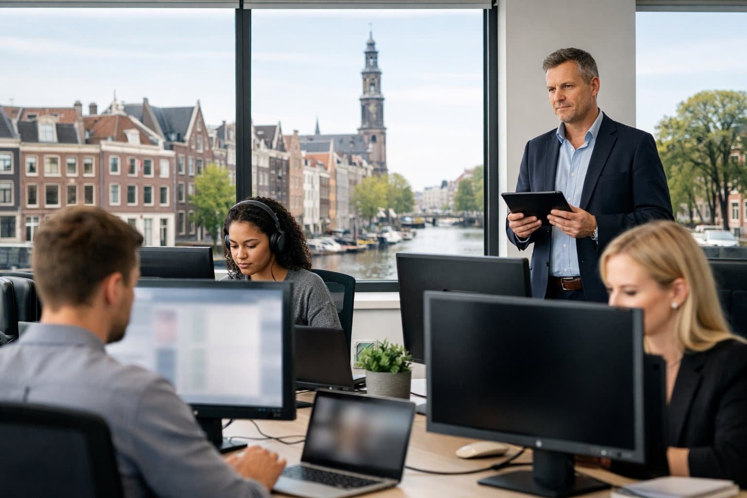 Employee Monitoring and Privacy in the Netherlands: Legal Limits and Best Practices 1 An office scene in the Netherlands showing employees working at desks with a manager observing discreetly, emphasising workplace monitoring and privacy.