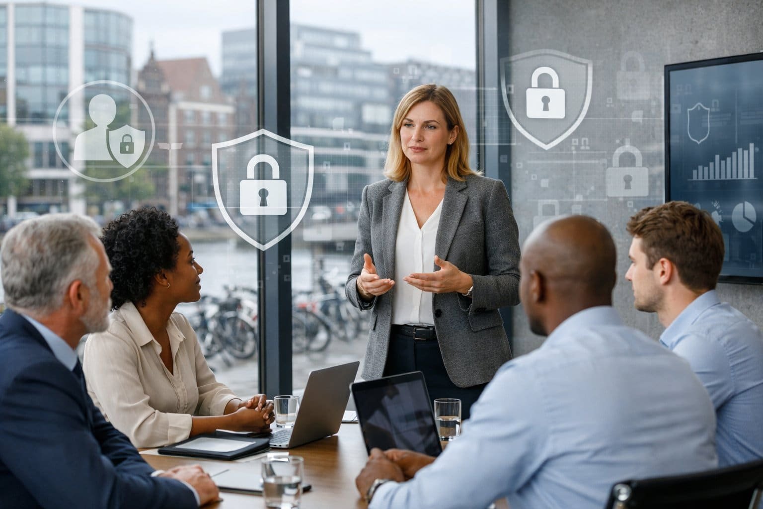 Employee Monitoring and Privacy in the Netherlands: Legal Limits and Best Practices 2 A group of professionals in a meeting room discussing employee monitoring and privacy policies in a modern office with a view of a Dutch city outside.
