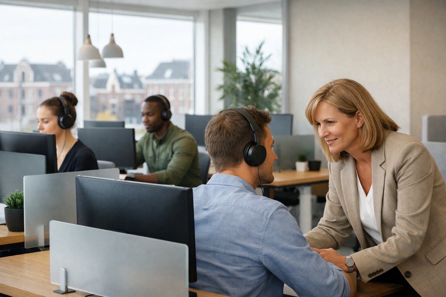 Employee Monitoring and Privacy in the Netherlands: Legal Limits and Best Practices 3 An office scene with employees working at desks and a manager quietly observing, showing a respectful workplace environment focused on monitoring and privacy.